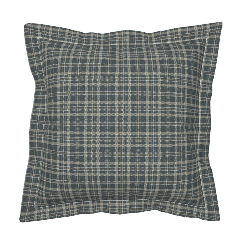Touchdown Tartan flanged euro pillow sham in dark slate tartan plaid — cotton pillow sham with 2-inch flanged edge