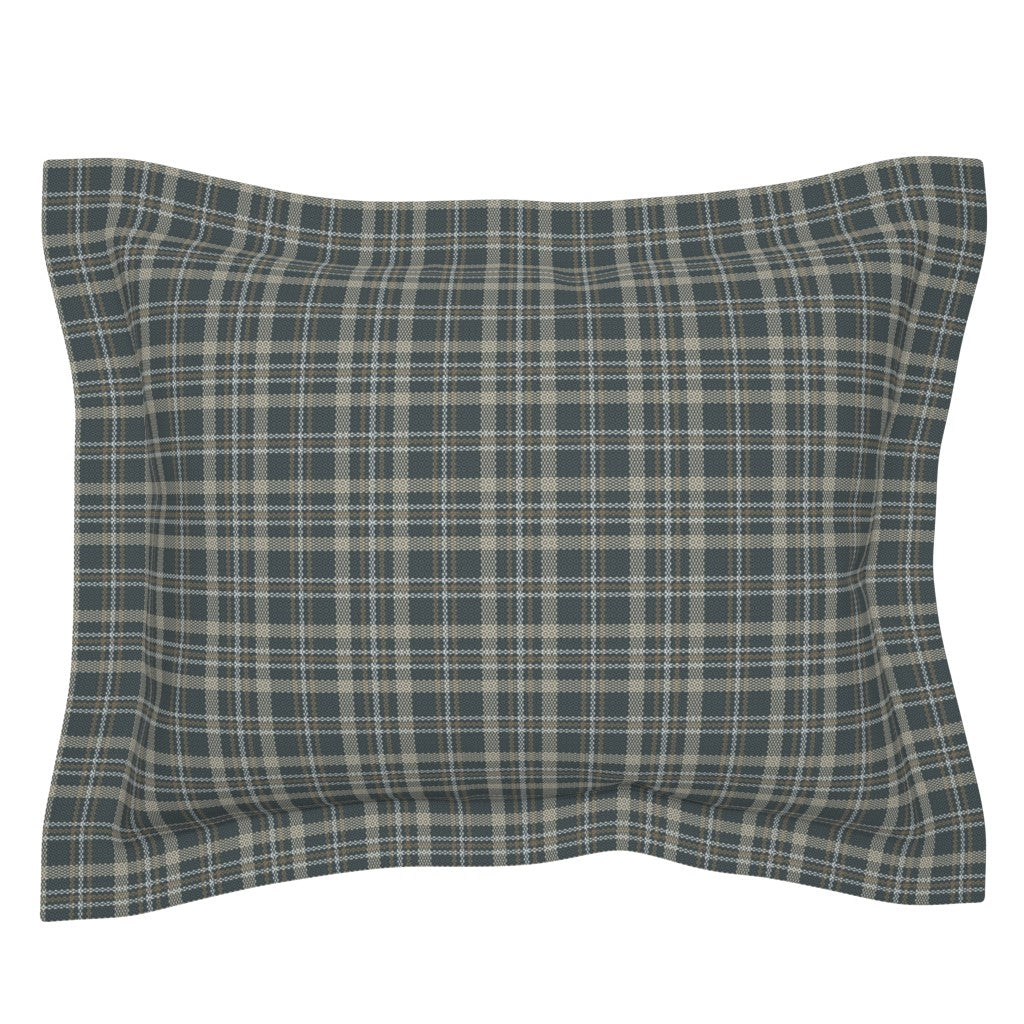 Touchdown Tartan flanged standard plaid pillow sham in dark slate — cotton pillow sham with flanged edge in tartan plaid