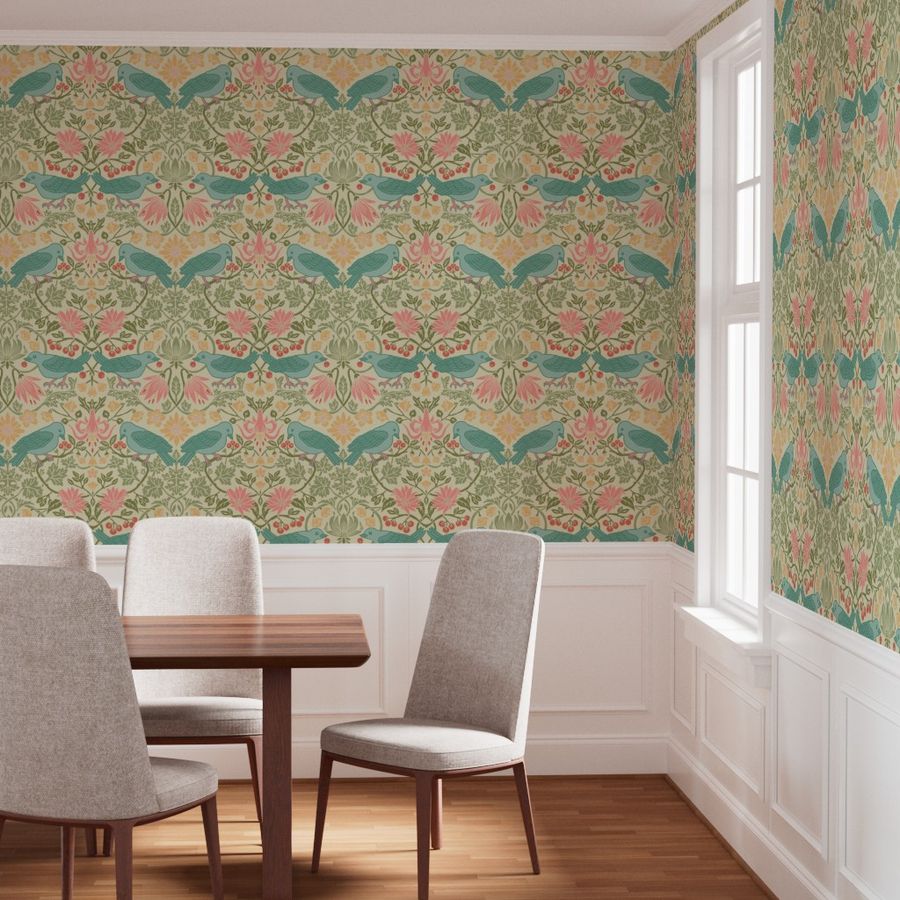 Dining room with Spring Thaw Arts and Crafts bird wallpaper