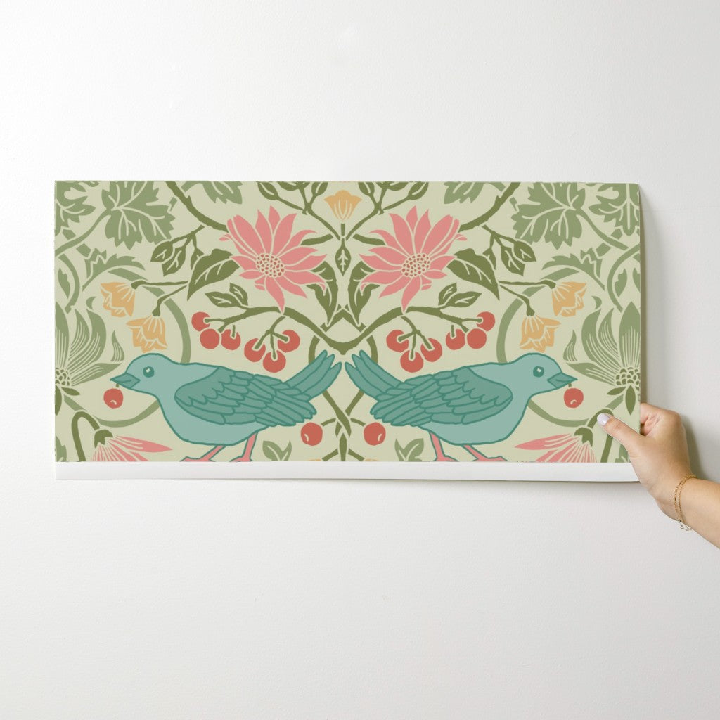 Spring Thaw wallpaper swatch, 24 x 12 inches, held up to a white wall