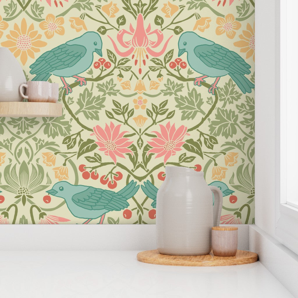 Kitchen corner with green and pink floral bird wallpaper in Spring Thaw