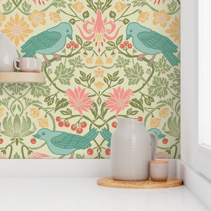 Kitchen corner with green and pink floral bird wallpaper in Spring Thaw