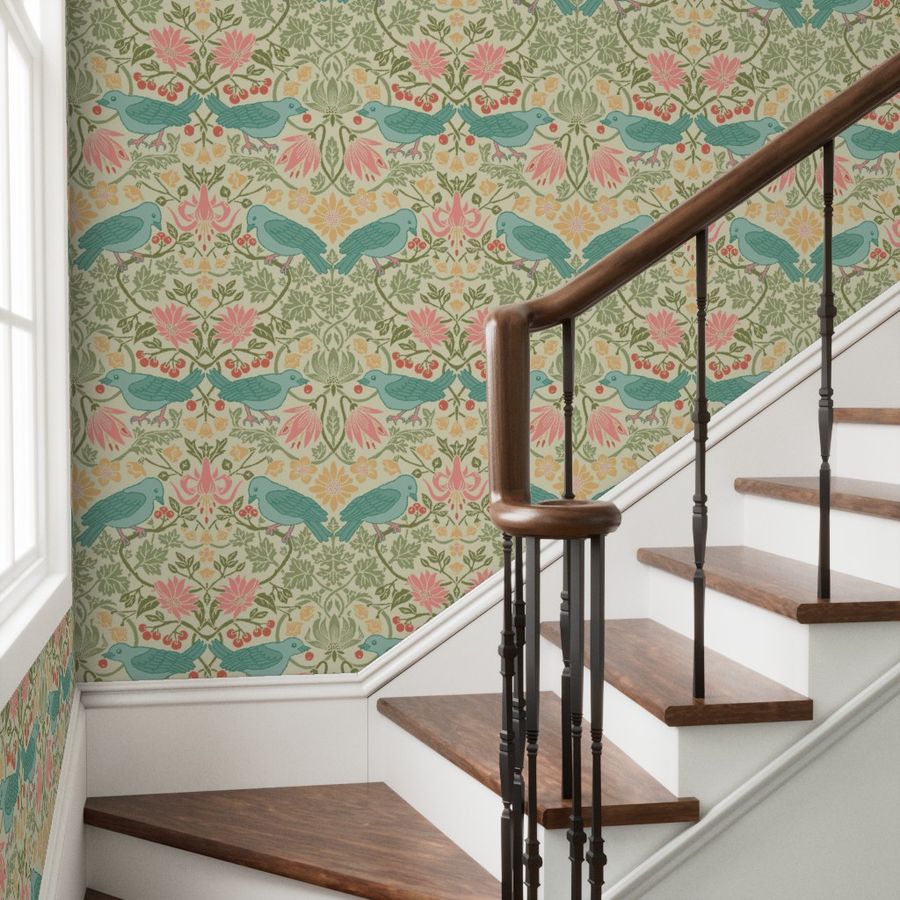 Entryway with Spring Thaw green floral bird wallpaper