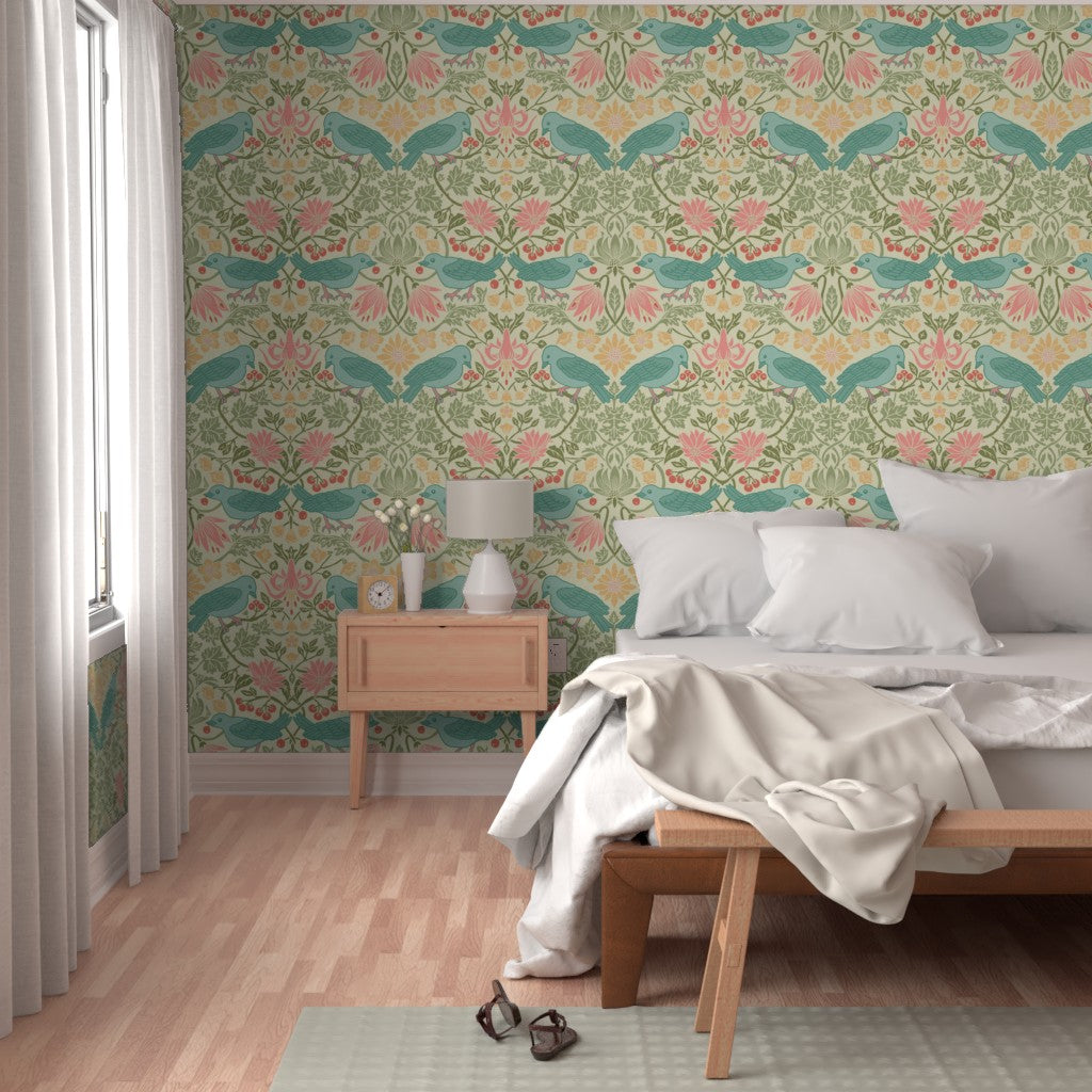 Bedroom with light green Spring Thaw bird wallpaper behind the bed