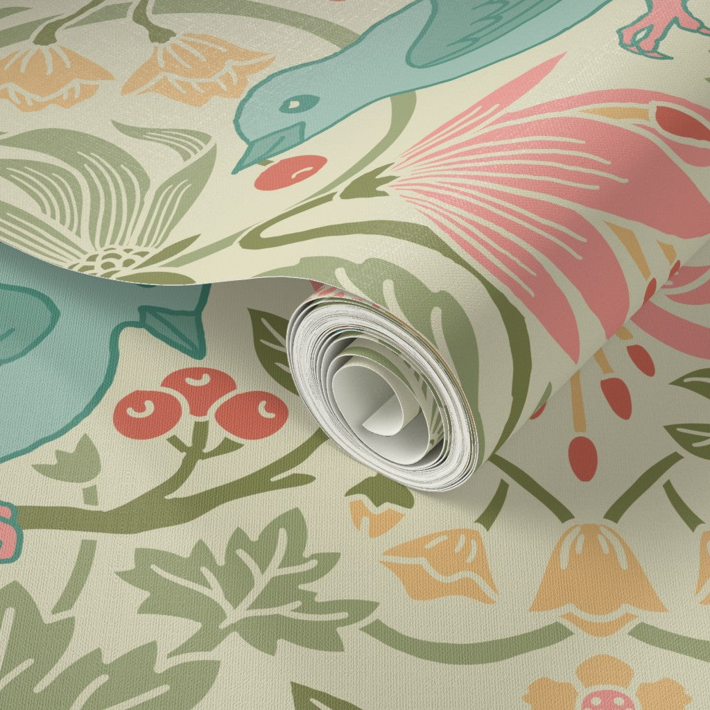Close-up of a Spring Thaw wallpaper roll showing the bluebird and huckleberry detail