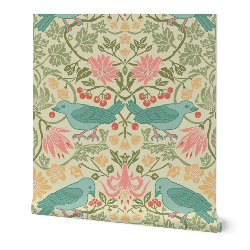 Roll of Spring Thaw light green floral bird wallpaper
