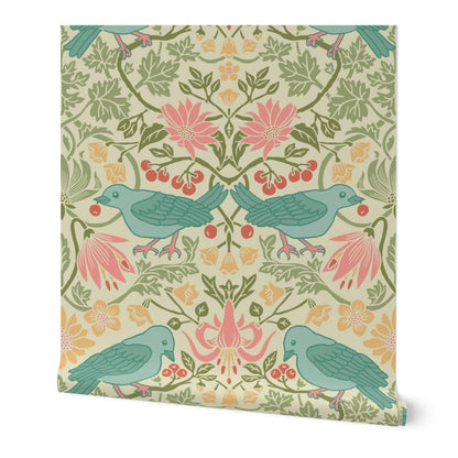 Roll of Spring Thaw light green floral bird wallpaper