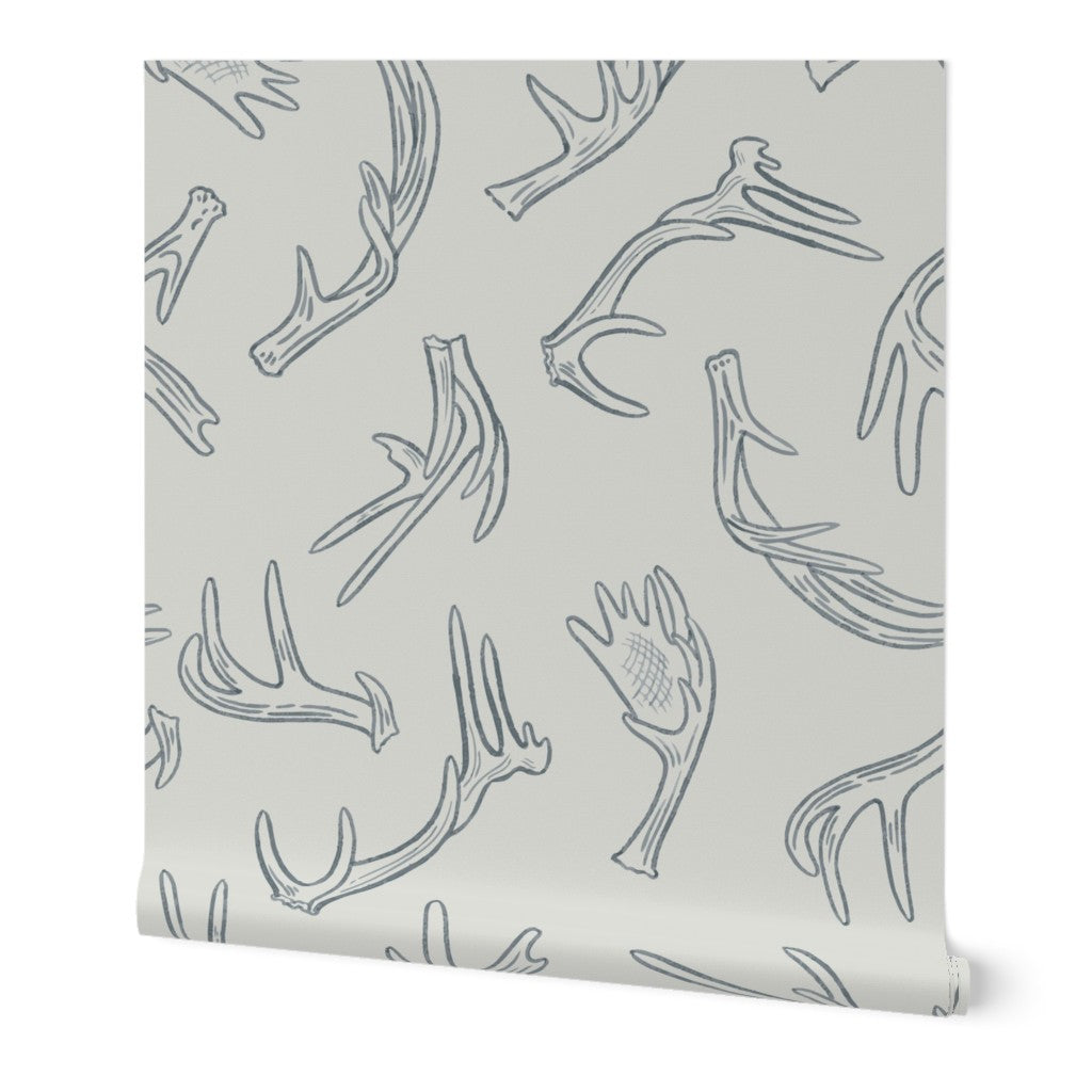 Antler Dance wallpaper roll in Morning Frost — tonal antler wallpaper by Pine + Feather Studio