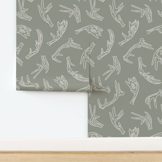 Antler Dance wallpaper in Sage Ridge — sage green antler wallpaper by Pine + Feather Studio