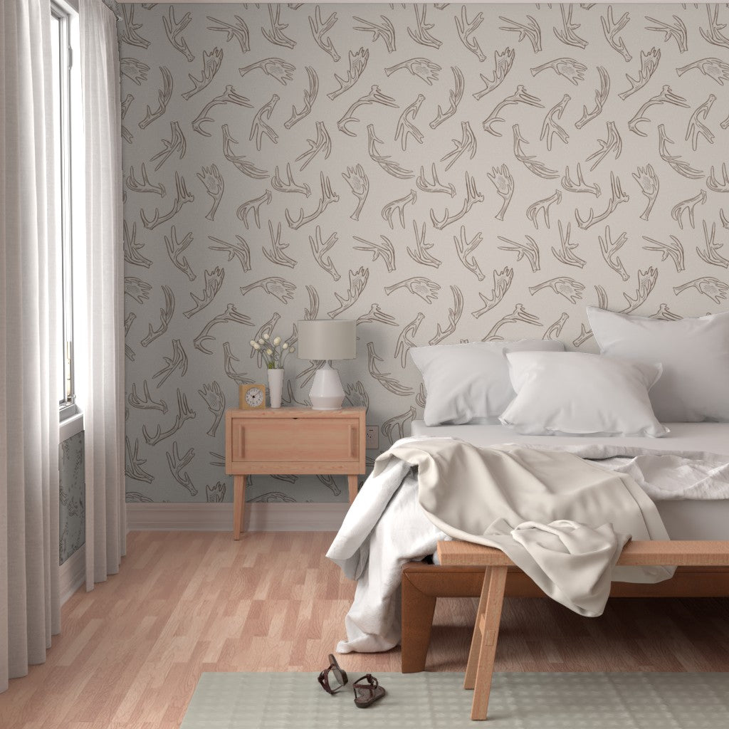 Bone Canyon antler wallpaper styled in a bedroom interior — Pine + Feather Studio 