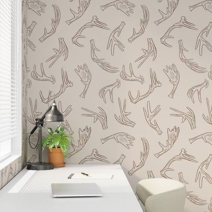 Bone Canyon antler wallpaper styled in an office study room interior — Pine + Feather Studio 