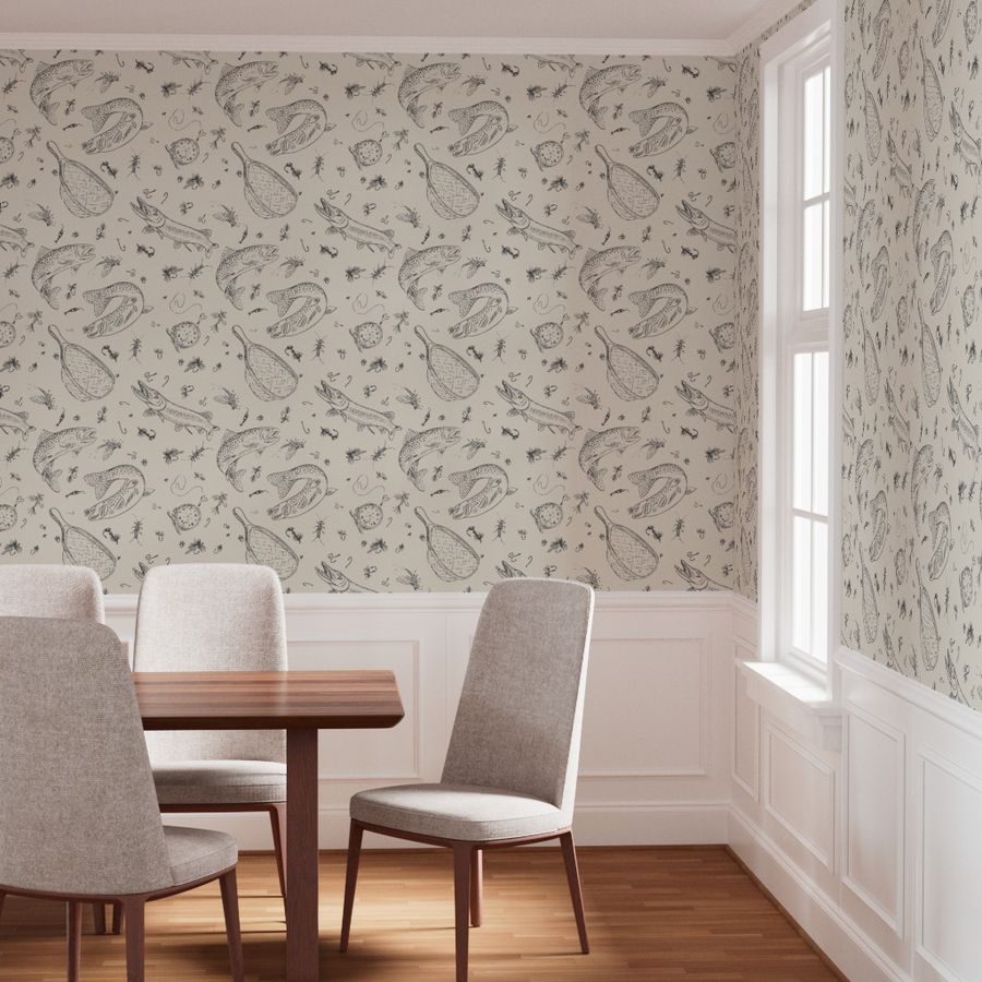 Chalk Creek fly fishing wallpaper styled in a dining room interior — Pine + Feather Studio
