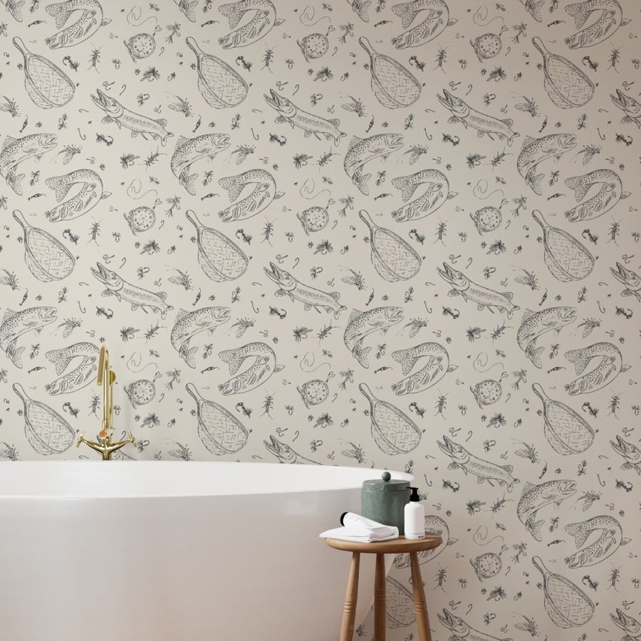 Chalk Creek fly fishing wallpaper styled in an bathroom interior — Pine + Feather Studio