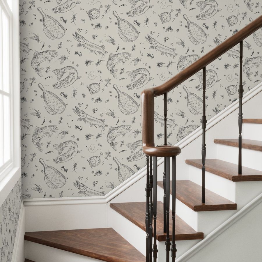 Chalk Creek fly fishing wallpaper styled in an entry way stairwell interior — Pine + Feather Studio