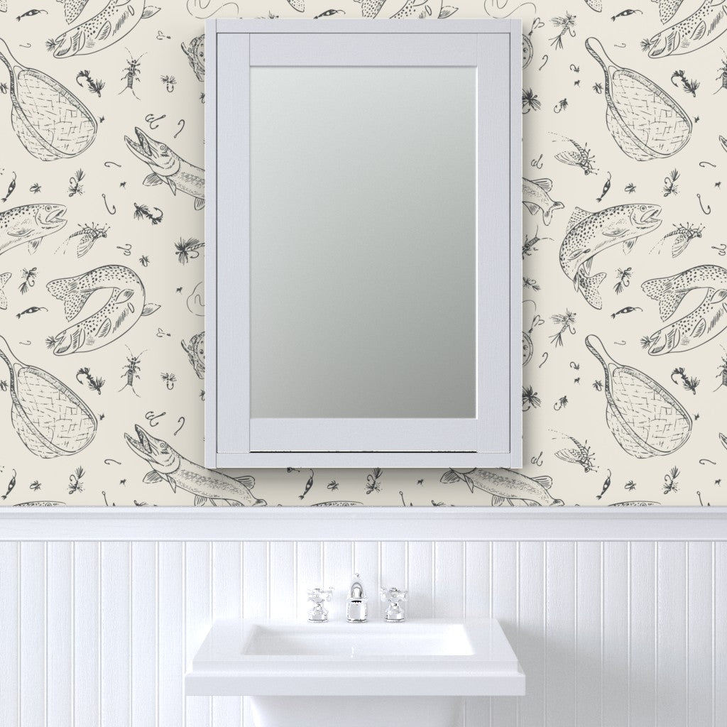 Chalk Creek fly fishing wallpaper styled in a powder room interior — Pine + Feather Studio