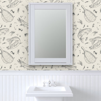 Chalk Creek fly fishing wallpaper styled in a powder room interior — Pine + Feather Studio