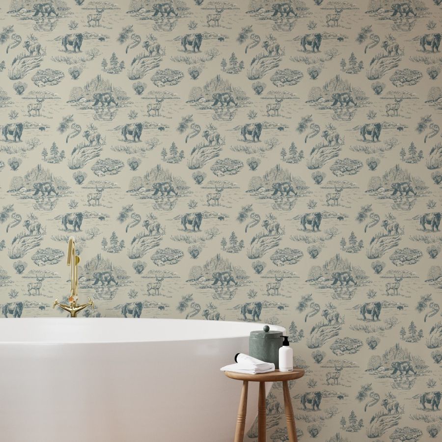 Clear River Yellowstone wallpaper styled in a bathroom interior — Pine + Feather Studio
