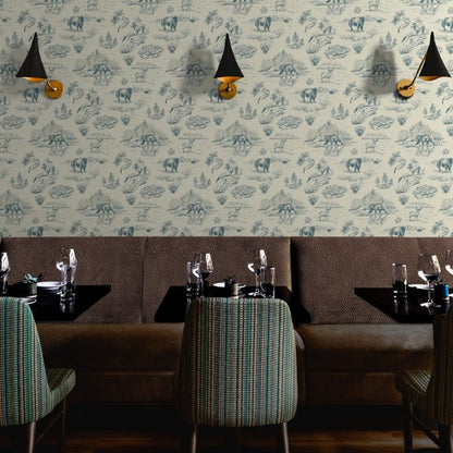 Clear River Yellowstone wallpaper styled in a restaurant hospitality room interior — Pine + Feather Studio