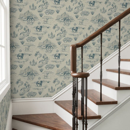 Clear River Yellowstone wallpaper styled in a stairwell entryway room interior — Pine + Feather Studio