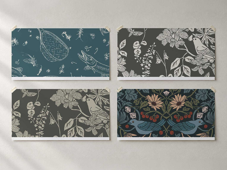 Four dark ground wallpaper swatches from Huckleberry Thief, Western Birds and Flowers and Headwaters