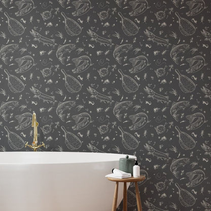 Dark Water fly fishing wallpaper styled in a bathroom interior — Pine + Feather Studio