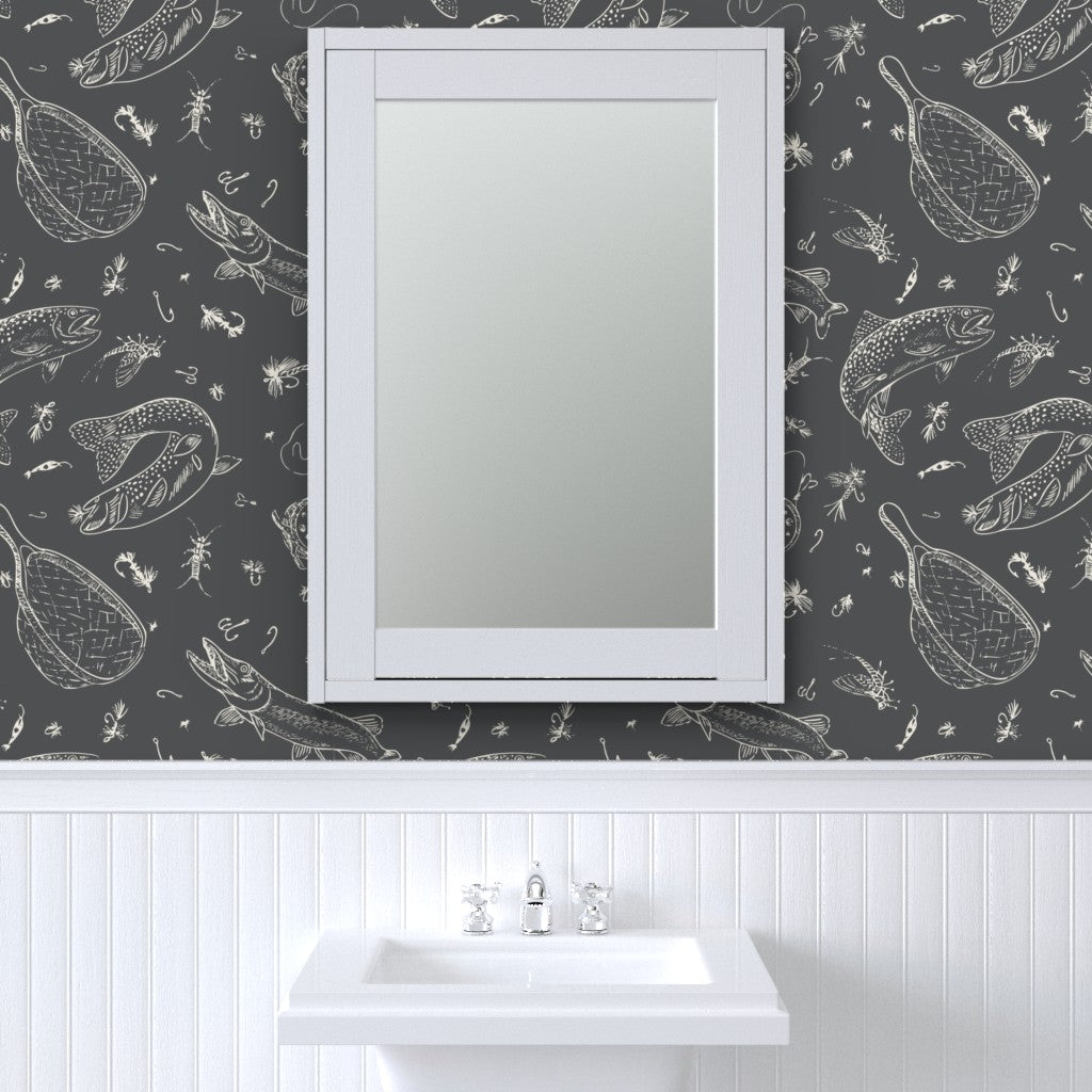 Dark Water fly fishing wallpaper styled in a powder room interior — Pine + Feather Studio