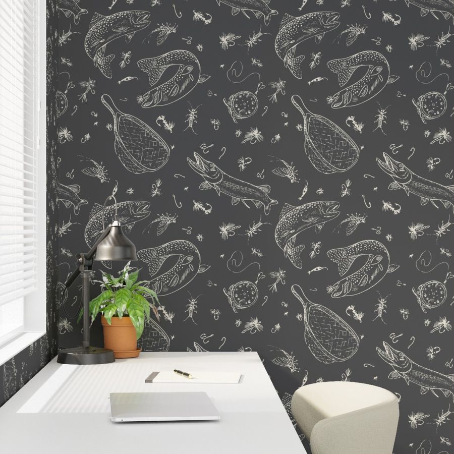 Dark Water fly fishing wallpaper styled in a study interior — Pine + Feather Studio