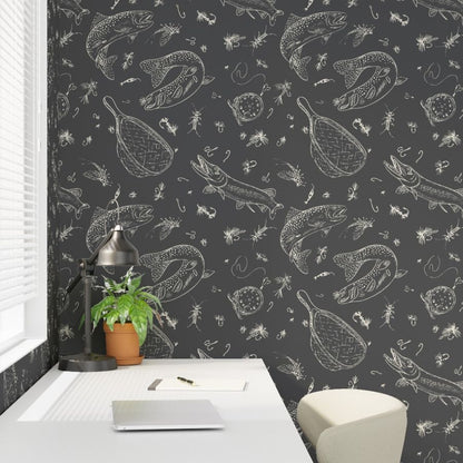 Dark Water fly fishing wallpaper styled in a study interior — Pine + Feather Studio
