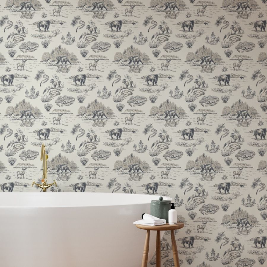 Gallatin Blue Yellowstone wallpaper styled in a bathroom interior — Pine + Feather Studio