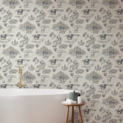 Gallatin Blue Yellowstone wallpaper styled in a bathroom interior — Pine + Feather Studio