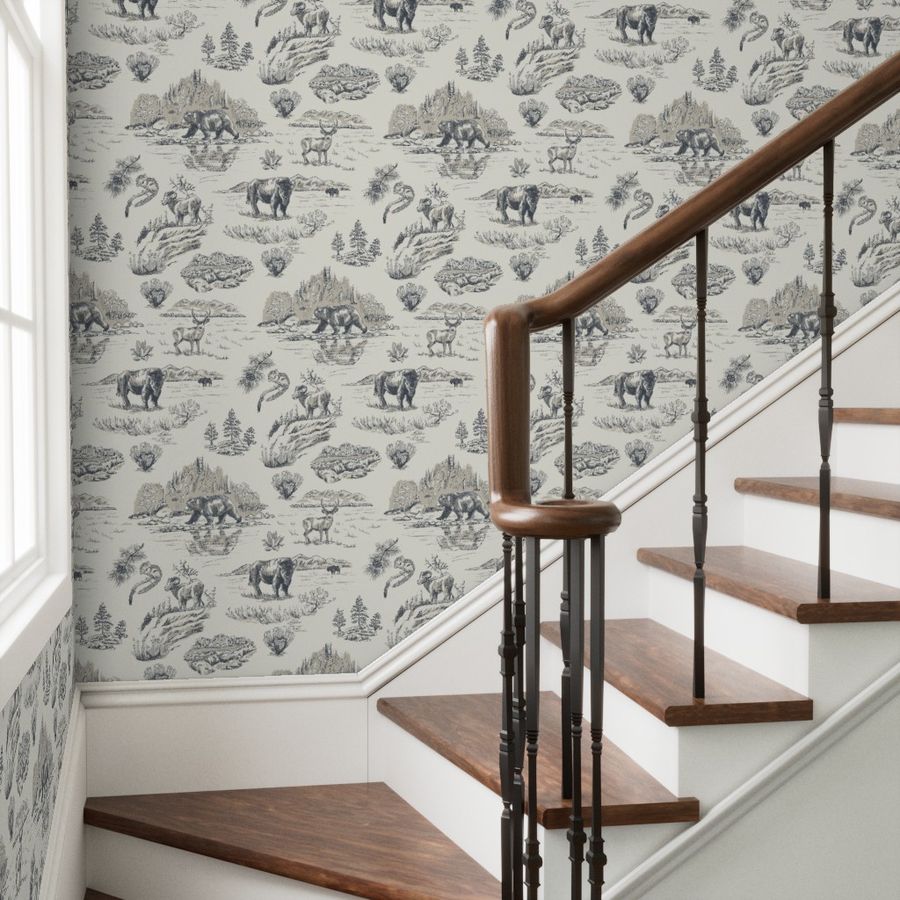 Gallatin Blue Yellowstone wallpaper styled in an entryway stairway transitional interior — Pine + Feather Studio