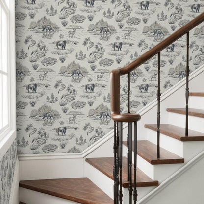 Gallatin Blue Yellowstone wallpaper styled in an entryway stairway transitional interior — Pine + Feather Studio