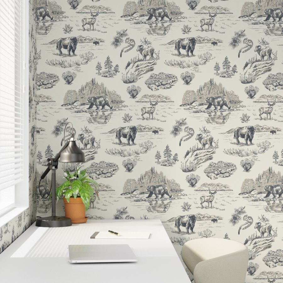 Gallatin Blue Yellowstone wallpaper styled in an office study room interior — Pine + Feather Studio