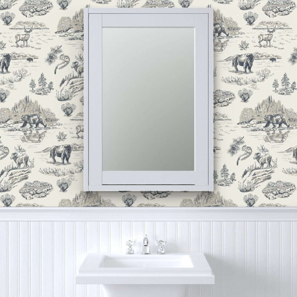 Gallatin Blue Yellowstone wallpaper styled in a powder room interior — Pine + Feather Studio