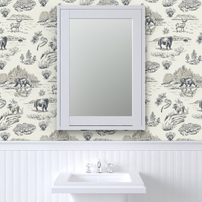 Gallatin Blue Yellowstone wallpaper styled in a powder room interior — Pine + Feather Studio