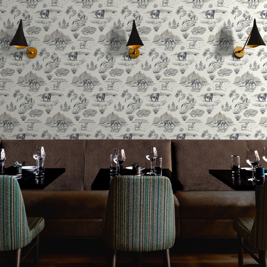 Gallatin Blue Yellowstone wallpaper styled in a restaurant hospitality interior — Pine + Feather Studio