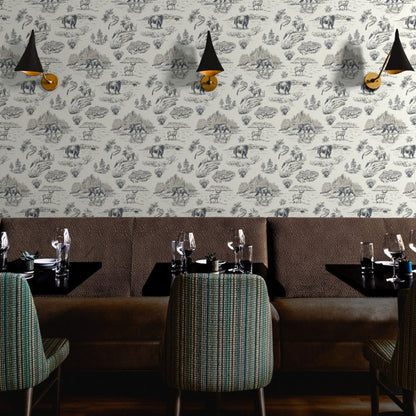 Gallatin Blue Yellowstone wallpaper styled in a restaurant hospitality interior — Pine + Feather Studio