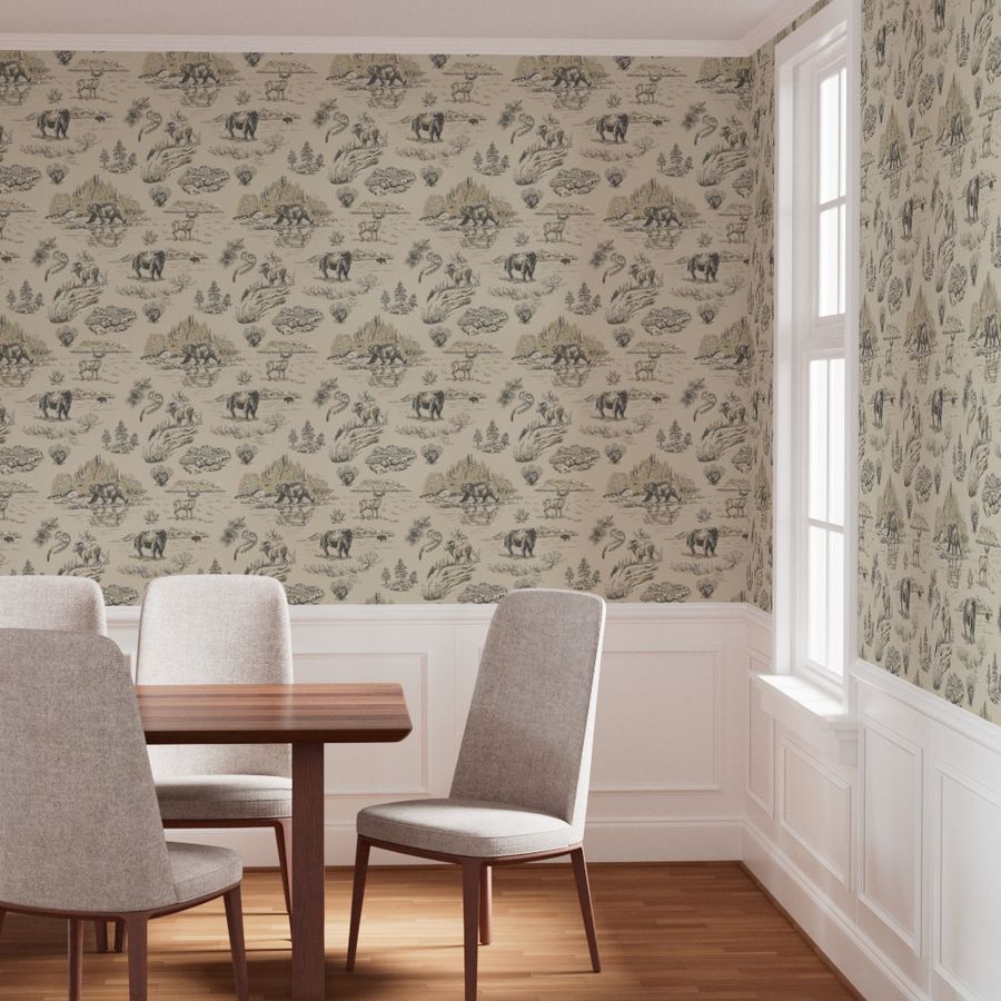 Granite Falls Yellowstone wallpaper styled in a dining room interior — Pine + Feather Studio