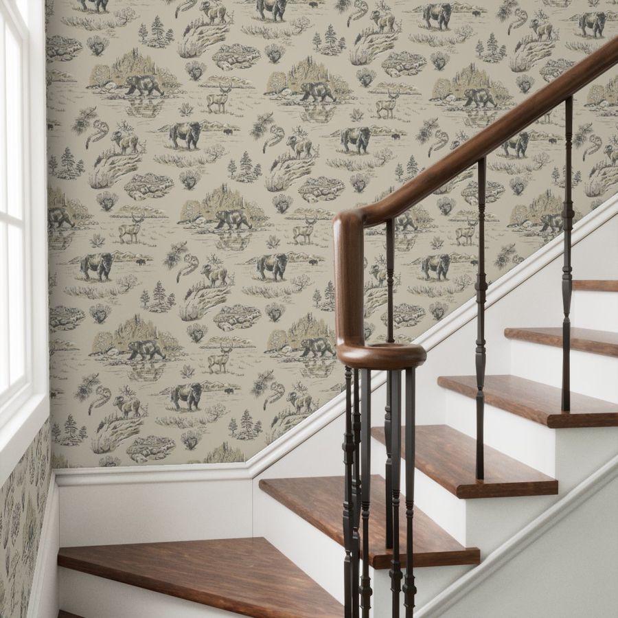 Granite Falls Yellowstone wallpaper styled in an entryway stairwell interior — Pine + Feather Studio