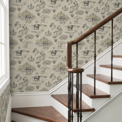 Granite Falls Yellowstone wallpaper styled in an entryway stairwell interior — Pine + Feather Studio