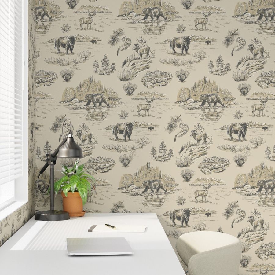 Granite Falls Yellowstone wallpaper styled in an office study interior — Pine + Feather Studio