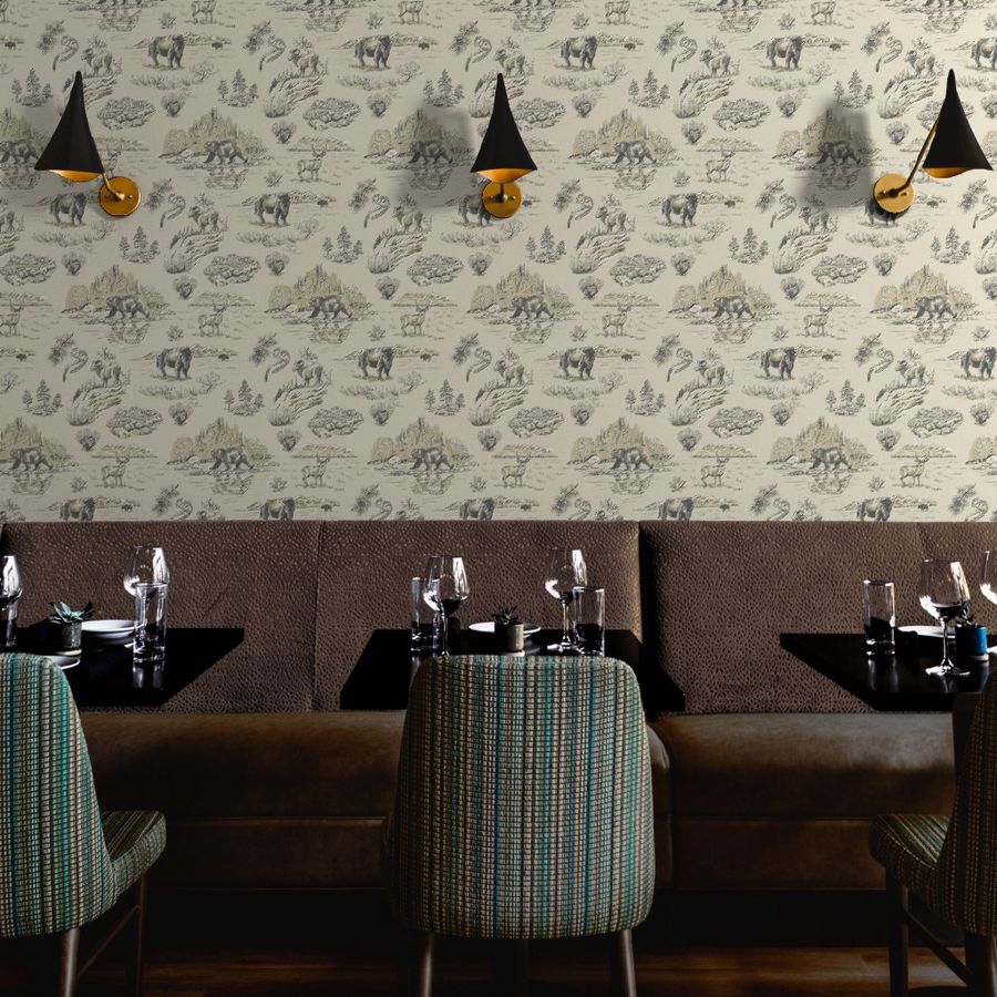 Granite Falls Yellowstone wallpaper styled in a restaurant hospitality interior — Pine + Feather Studio