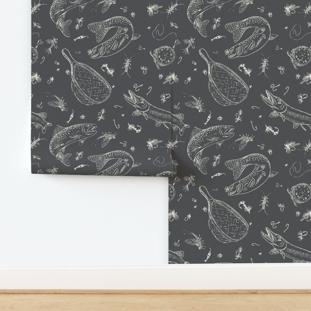 Headwaters Fly Fishing Toile wallpaper in Dark Water — fly fishing wallpaper by Pine + Feather Studio