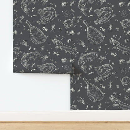 Headwaters Fly Fishing Toile wallpaper in Dark Water — fly fishing wallpaper by Pine + Feather Studio