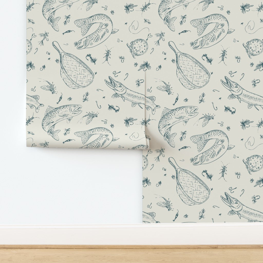 Headwaters Fly Fishing Toile wallpaper in Teal River — fly fishing wallpaper by Pine + Feather Studio
