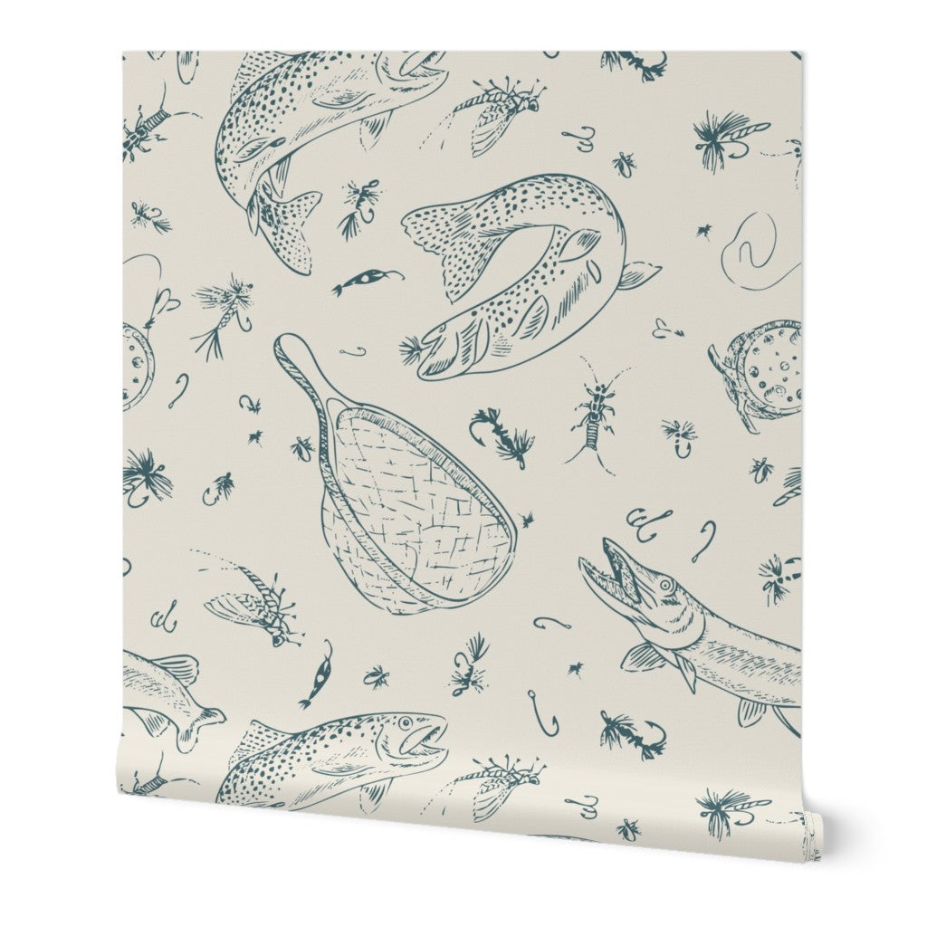 Headwaters Fly Fishing Toile wallpaper in Teal River — fly fishing wallpaper roll by Pine + Feather Studio