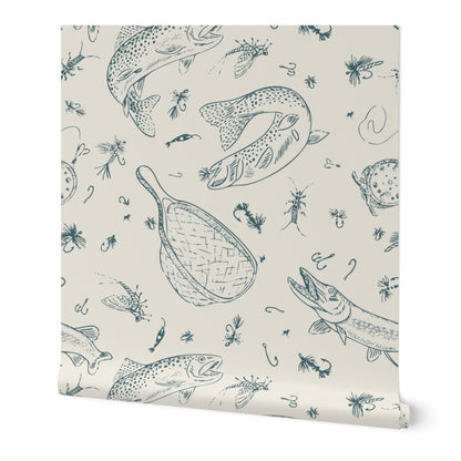 Headwaters Fly Fishing Toile wallpaper in Teal River — fly fishing wallpaper roll by Pine + Feather Studio
