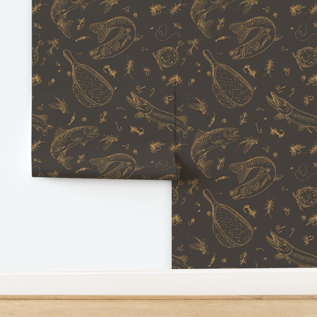 Headwaters Fly Fishing Toile wallpaper in Tobacco Run — fly fishing wallpaper by Pine + Feather Studio