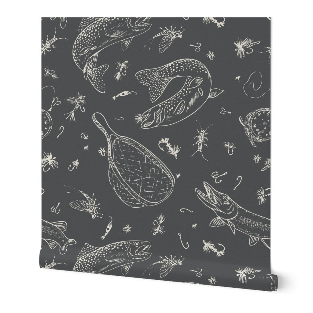 Headwaters Fly Fishing Toile wallpaper roll in Dark Water — fly fishing wallpaper by Pine + Feather Studio
