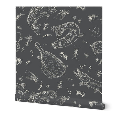 Headwaters Fly Fishing Toile wallpaper roll in Dark Water — fly fishing wallpaper by Pine + Feather Studio